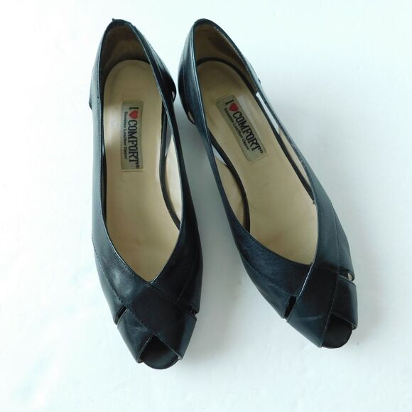 I LOVE COMFORT Shoes VINTAGE Womens 7.5 Black Leather Heels Pumps, Open Toe EUC - Picture 5 of 16